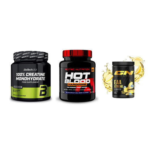 Kraft-Stack: BioTech Creatine + Scitec Hot Blood + GN EAA Xtreme – alle enthaltenen Artikel