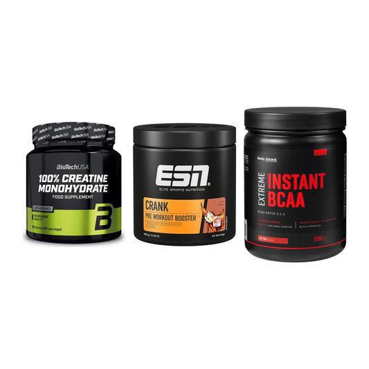 Kraft-Stack: BioTech Creatine + ESN Crank Booster + Body Attack – alle enthaltenen Artikel