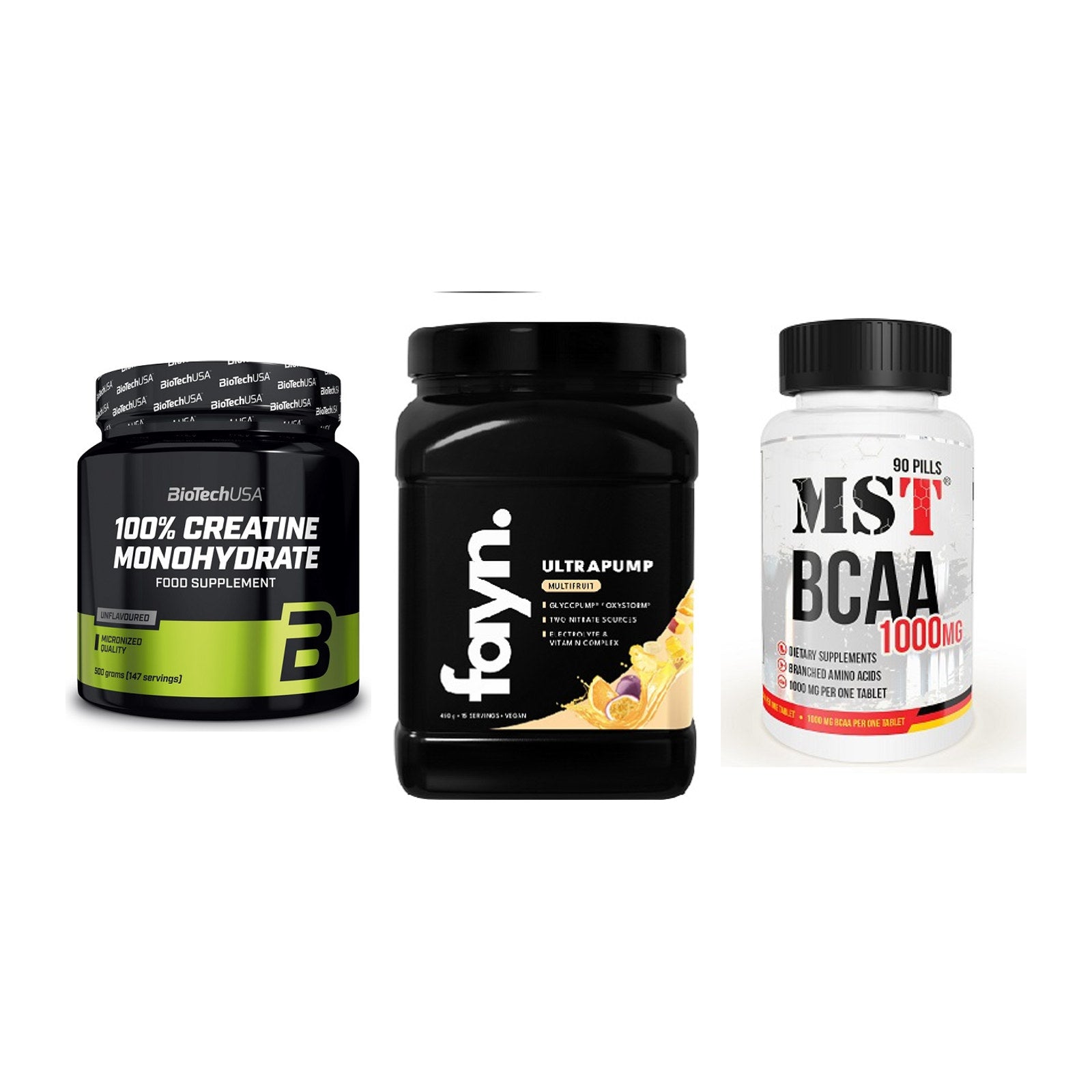 Kraft-Stack: BioTech Creatine + Fayn. Ultrapump + MST BCAA 1000 (90 – alle enthaltenen Artikel