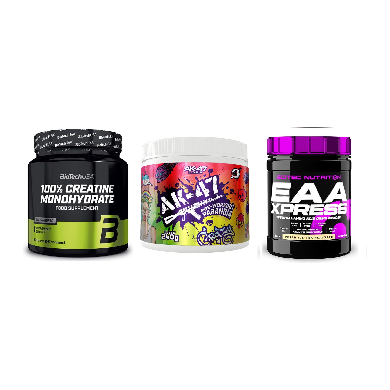 Kraft-Stack: BioTech Creatine + AK47 Labs + Scitec EAA Xpress – alle enthaltenen Artikel