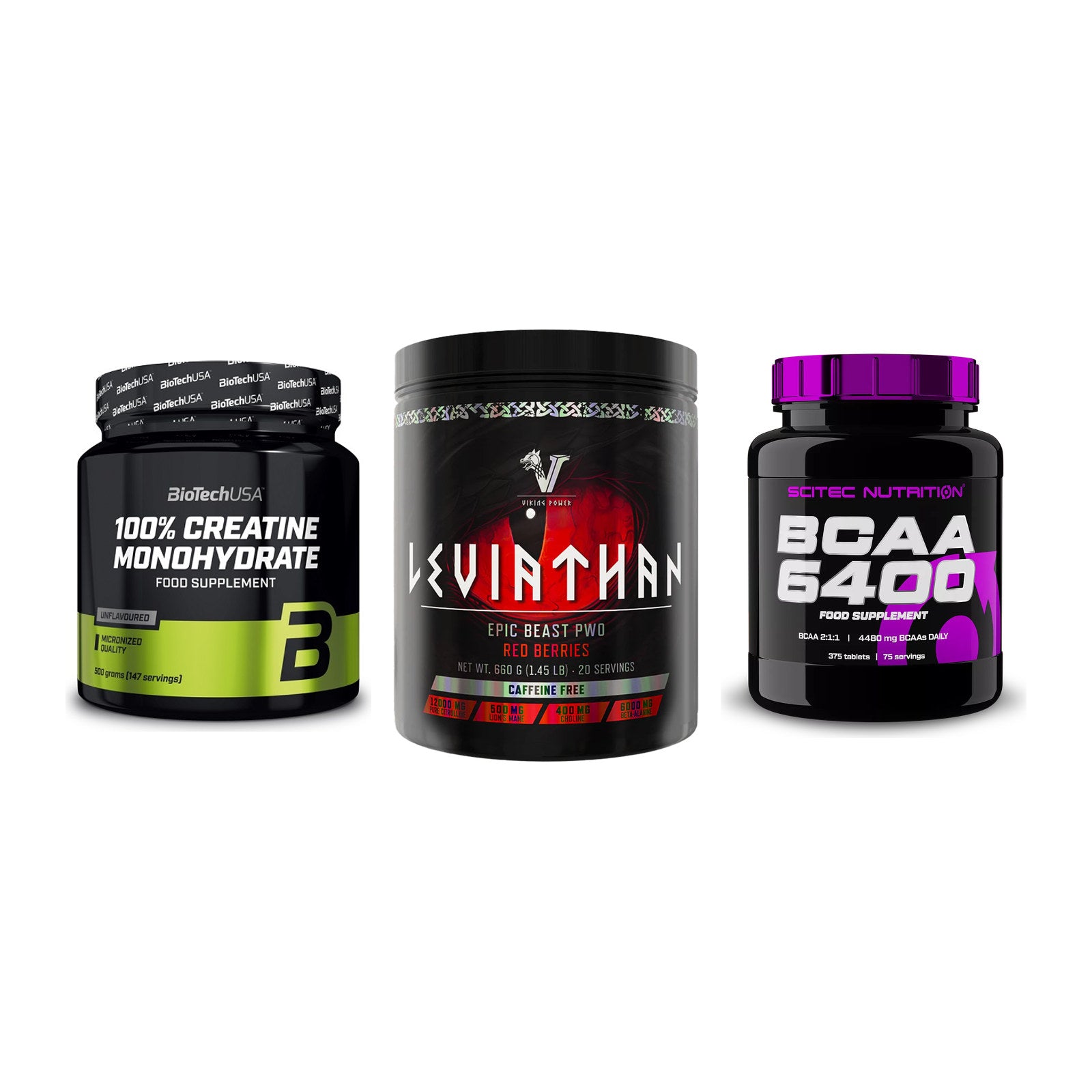 Kraft-Stack: BioTech Creatine + Viking Power + Scitec BCAA 6400 – alle enthaltenen Artikel