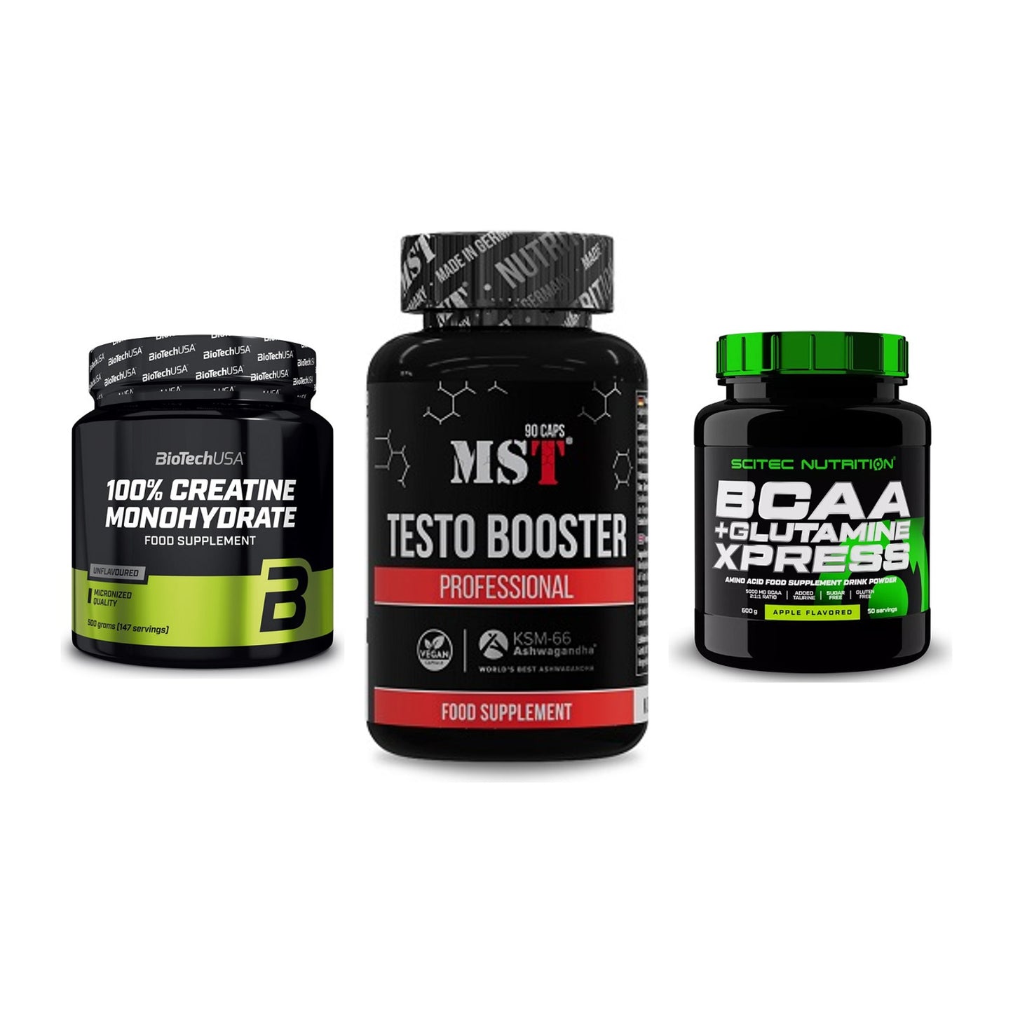 Kraft-Stack: BioTech Creatine + MST Testo Booster + Scitec BCAA – alle enthaltenen Artikel