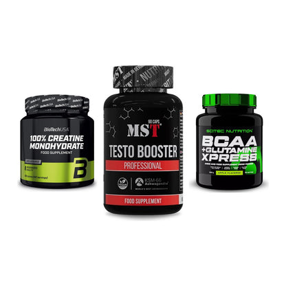 Kraft-Stack: BioTech Creatine + MST Testo Booster + Scitec BCAA – alle enthaltenen Artikel