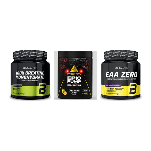 Kraft-Stack: BioTech Creatine + Peak Epic Pump + BioTech EAA Zero – alle enthaltenen Artikel