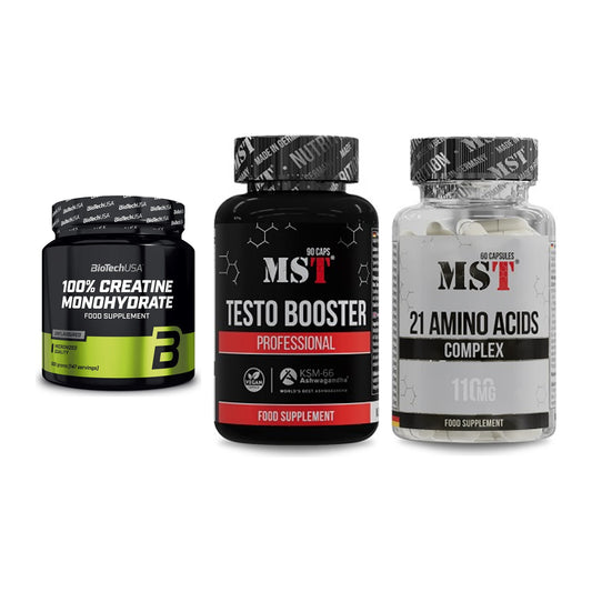 Kraft-Stack: BioTech Creatine + MST Testo Booster + MST 21 Amino – alle enthaltenen Artikel