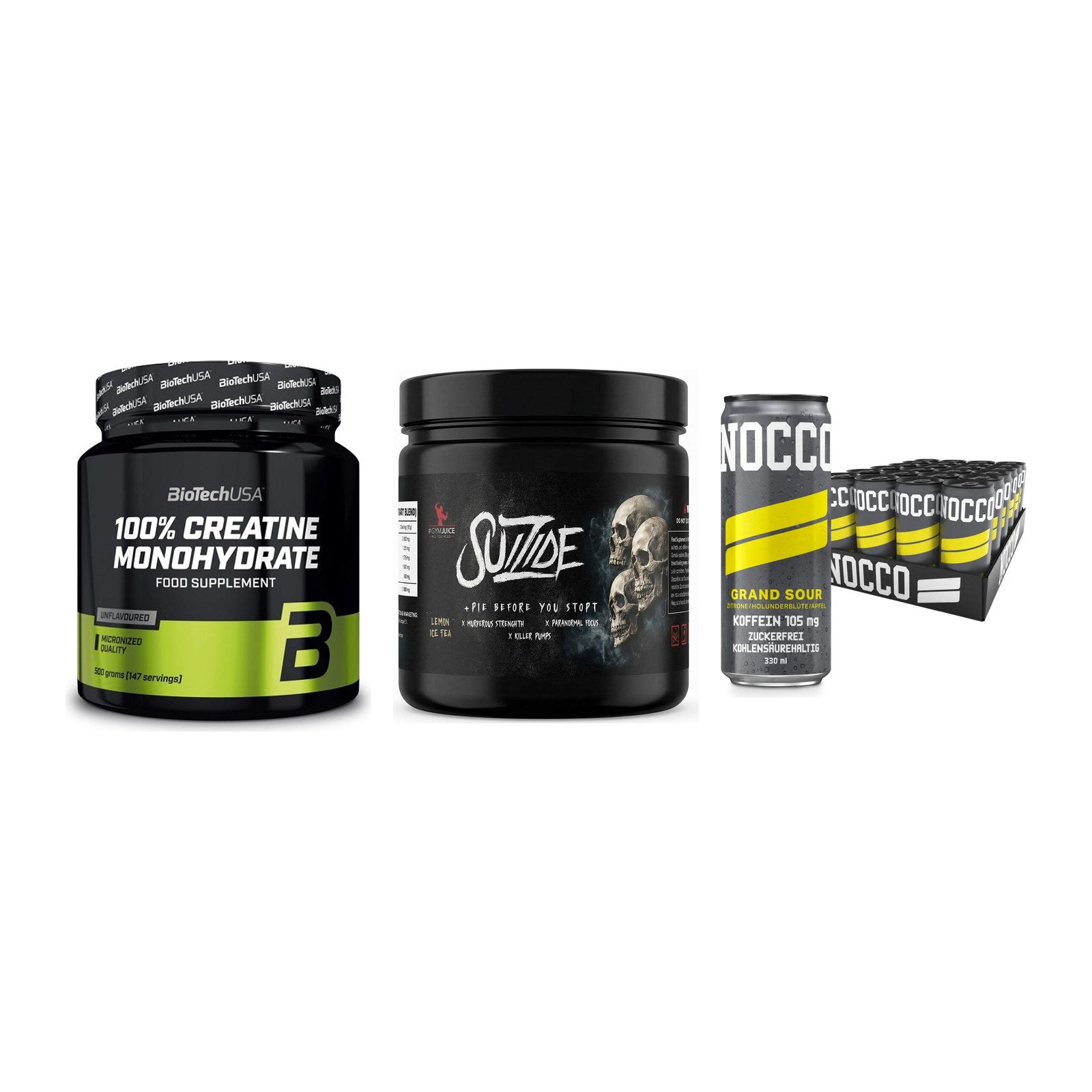 Kraft-Stack: BioTech Creatine + #GYMJUICE SUIZIDE + Nocco BCAA Drink – alle enthaltenen Artikel
