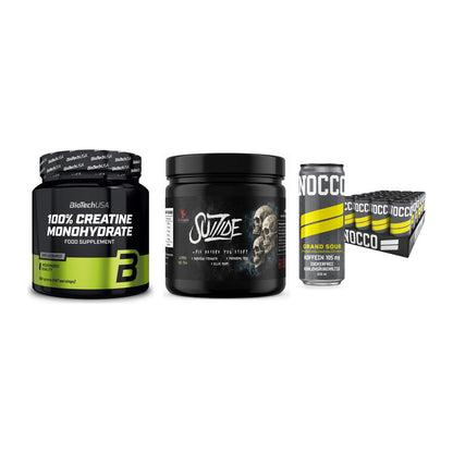 Kraft-Stack: BioTech Creatine + #GYMJUICE SUIZIDE + Nocco BCAA Drink – alle enthaltenen Artikel