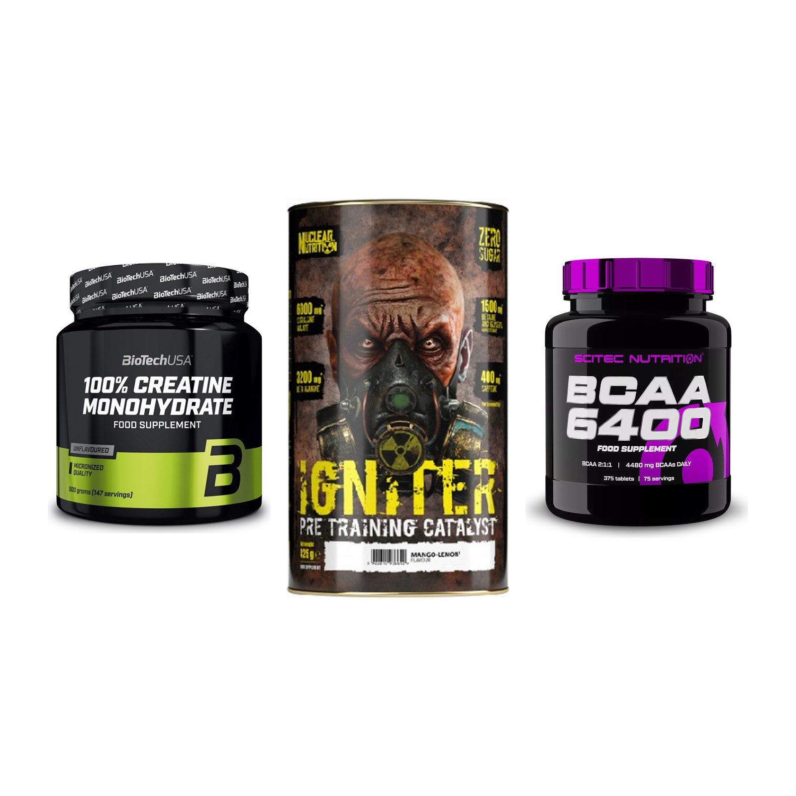 Kraft-Stack: BioTech Creatine + Nuclear Nutrition + Scitec BCAA 6400 – alle enthaltenen Artikel