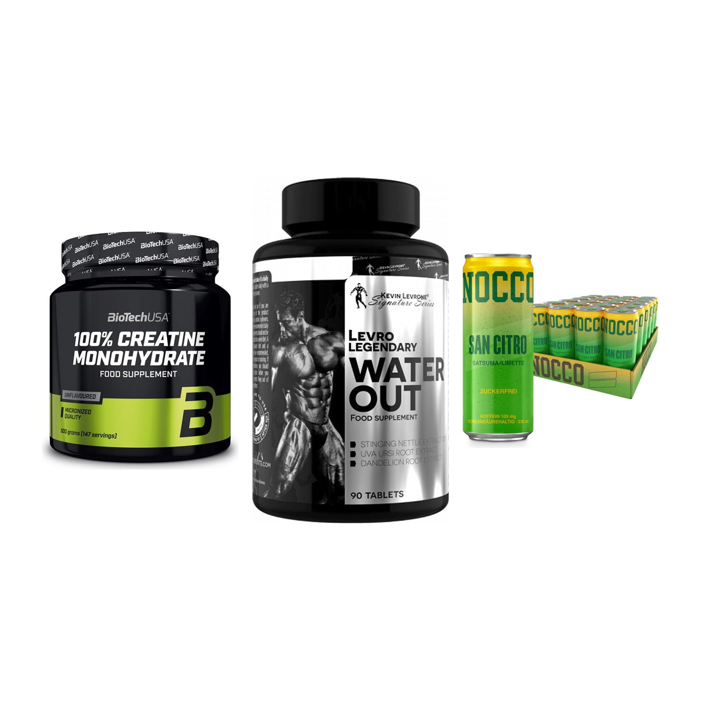 Kraft-Stack: BioTech Creatine + Kevin Levrone + Nocco BCAA Drink – alle enthaltenen Artikel