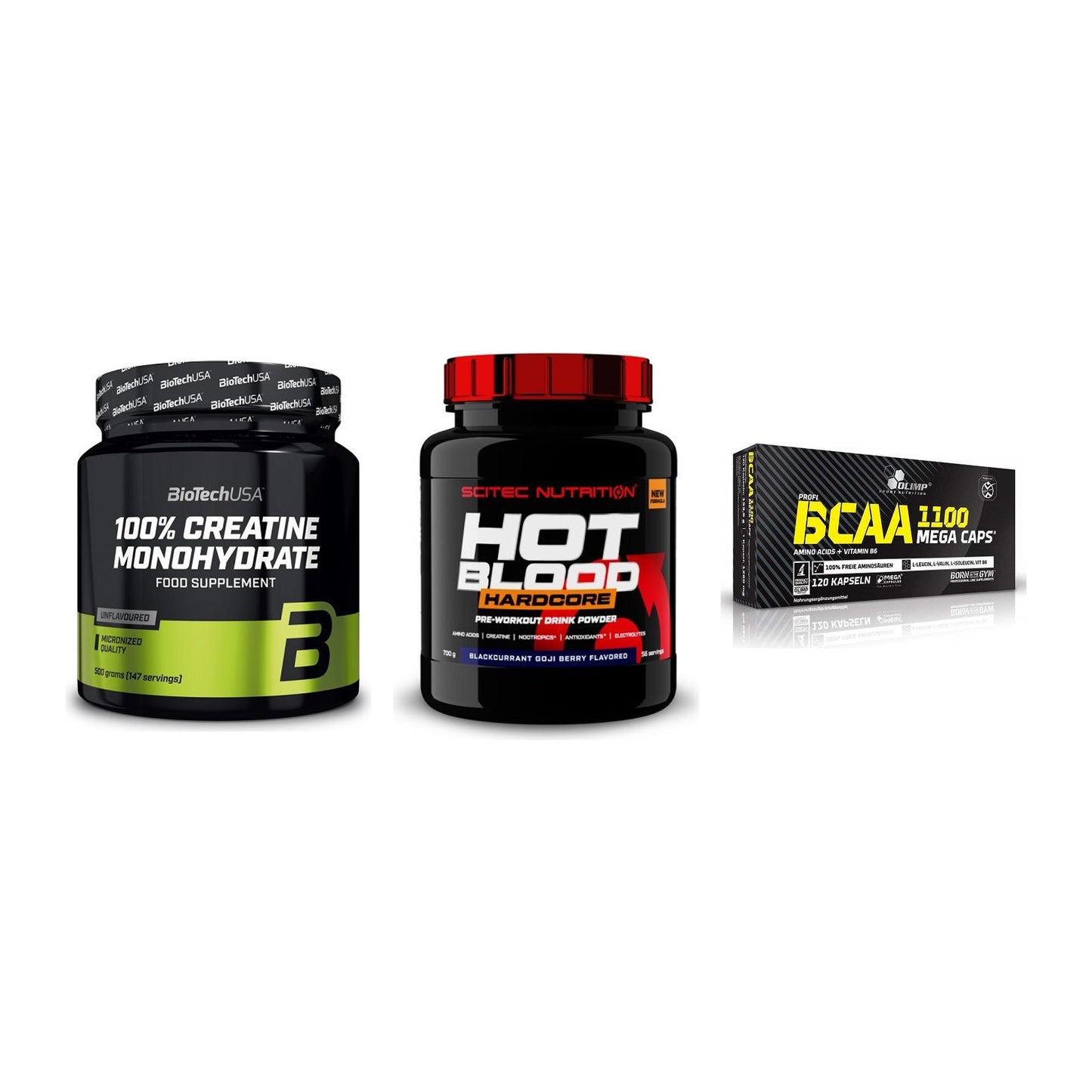 Kraft-Stack: BioTech Creatine + Scitec Hot Blood + Olimp BCAA Mega – alle enthaltenen Artikel