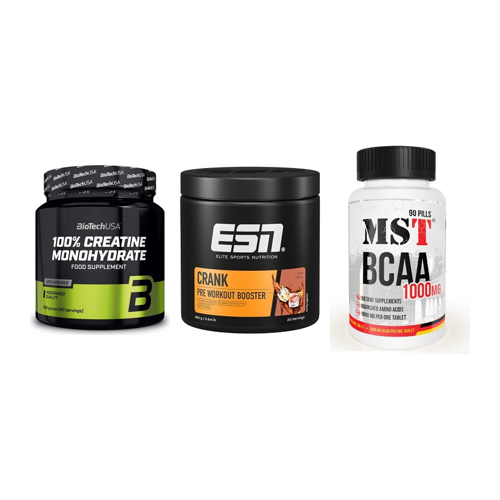 Kraft-Stack: BioTech Creatine + ESN Crank Booster + MST BCAA 1000 (90 – alle enthaltenen Artikel