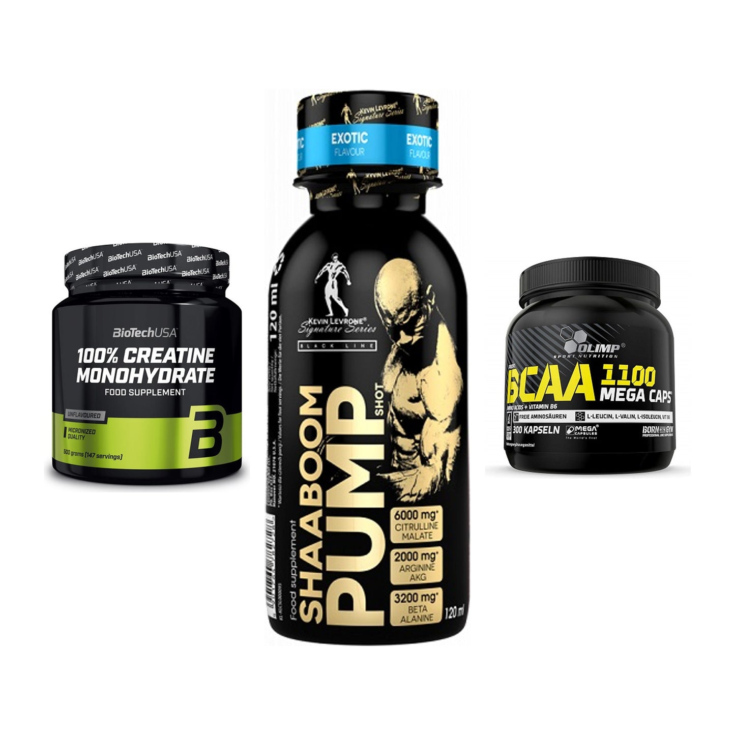 Kraft-Stack: BioTech Creatine + Kevin Levrone + Olimp BCAA Mega – alle enthaltenen Artikel