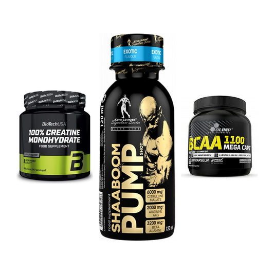 Kraft-Stack: BioTech Creatine + Kevin Levrone + Olimp BCAA Mega – alle enthaltenen Artikel
