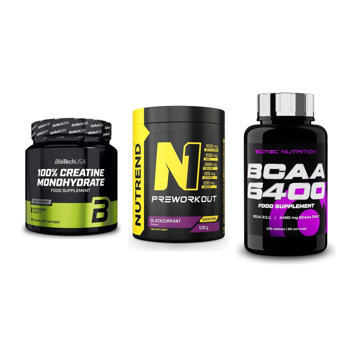 Kraft-Stack: BioTech Creatine + Nutrend N1 + Scitec BCAA 6400 – alle enthaltenen Artikel