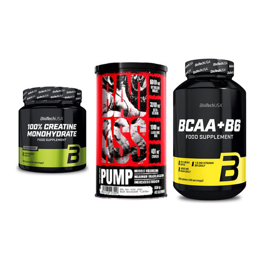 Kraft-Stack: BioTech Creatine + BAD ASS Pump + BioTech BCAA+B6 – alle enthaltenen Artikel