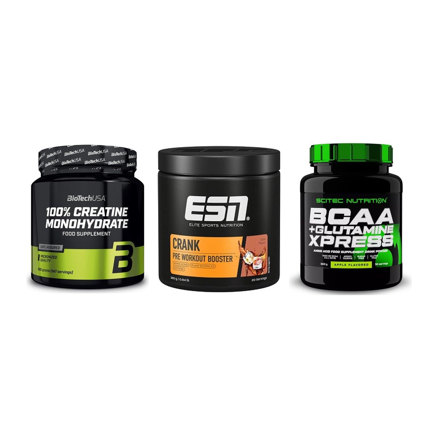 Kraft-Stack: BioTech Creatine + ESN Crank Booster + Scitec BCAA – alle enthaltenen Artikel
