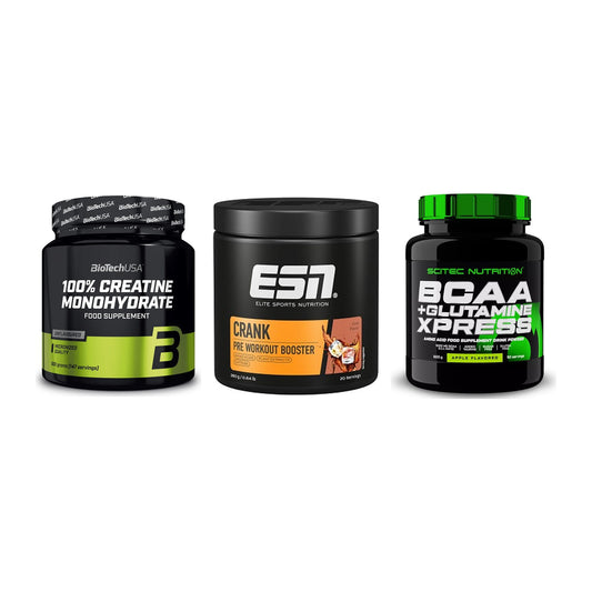 Kraft-Stack: BioTech Creatine + ESN Crank Booster + Scitec BCAA – alle enthaltenen Artikel