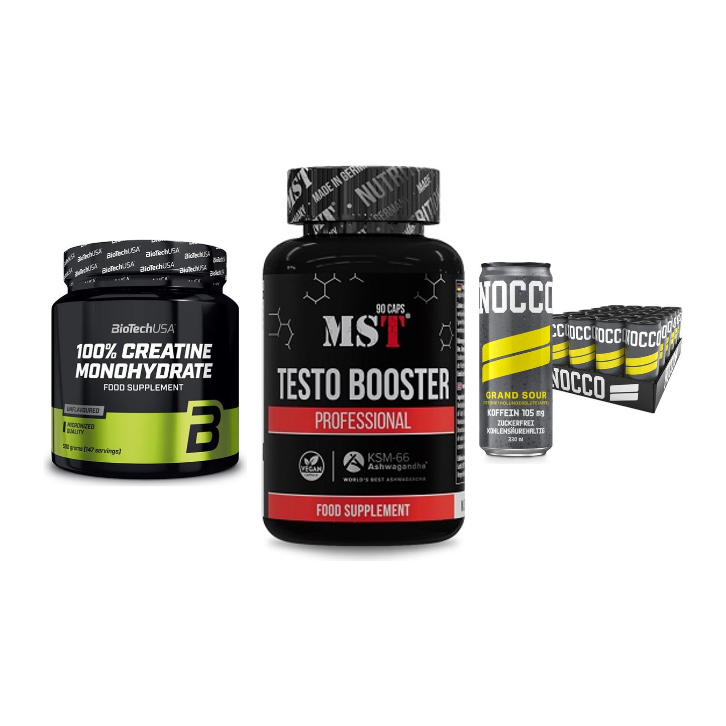 Kraft-Stack: BioTech Creatine + MST Testo Booster + Nocco BCAA Drink – alle enthaltenen Artikel