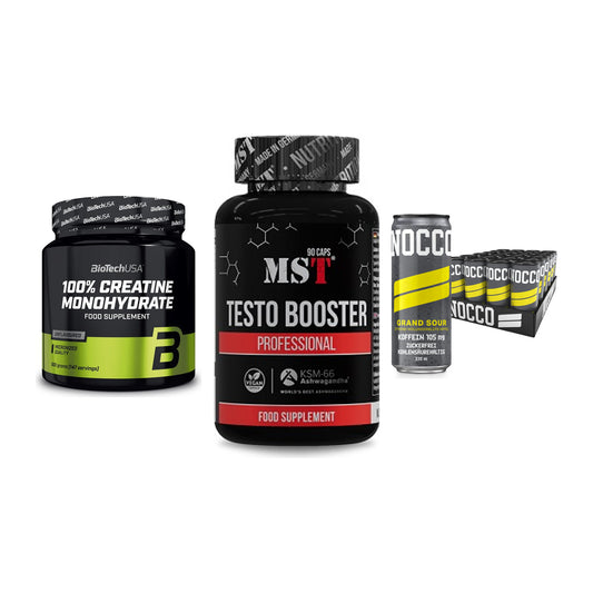 Kraft-Stack: BioTech Creatine + MST Testo Booster + Nocco BCAA Drink – alle enthaltenen Artikel