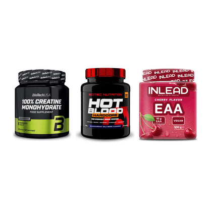 Kraft-Stack: BioTech Creatine + Scitec Hot Blood + INLEAD EAA – alle enthaltenen Artikel