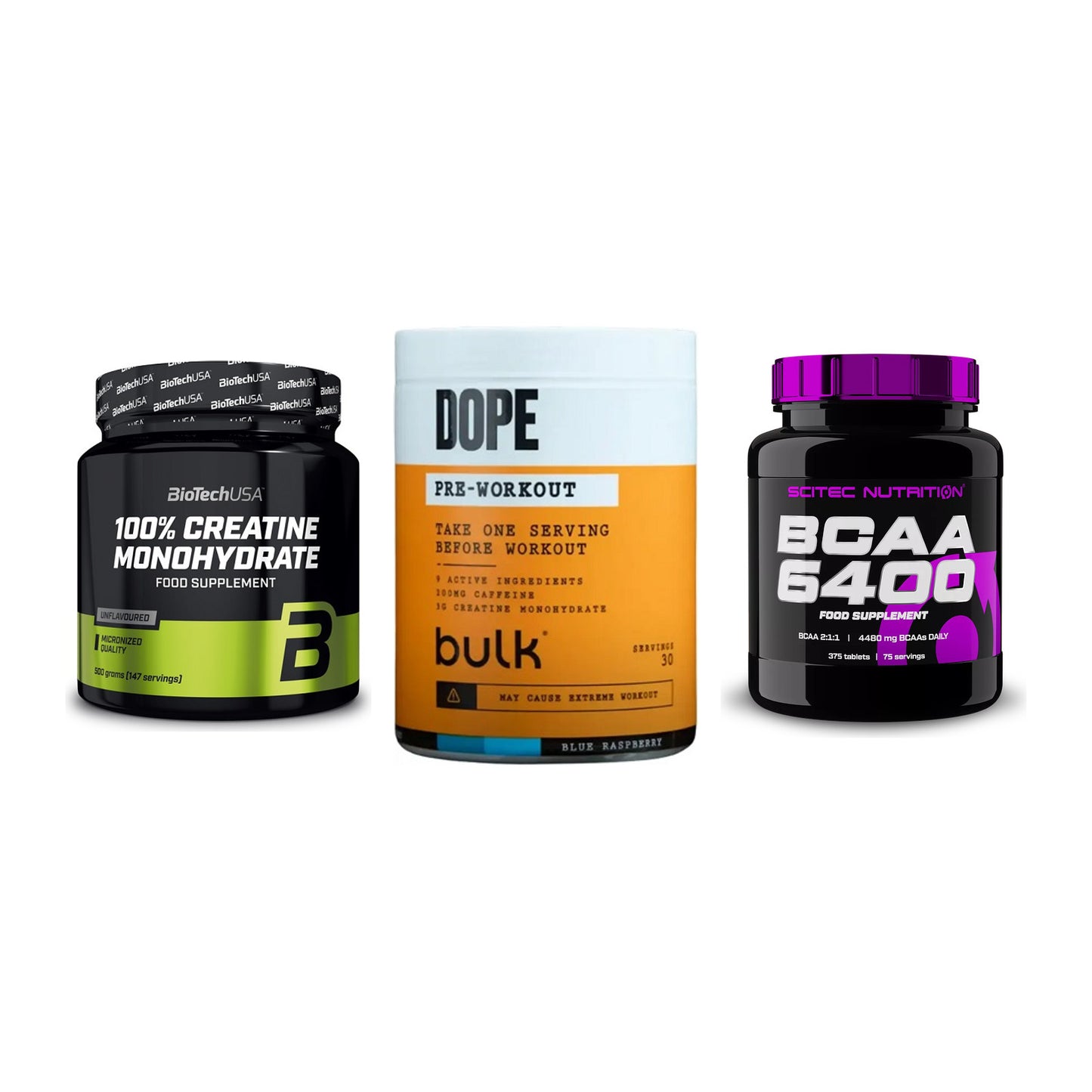 Kraft-Stack: BioTech Creatine + Bulk Dope + Scitec BCAA 6400 – alle enthaltenen Artikel