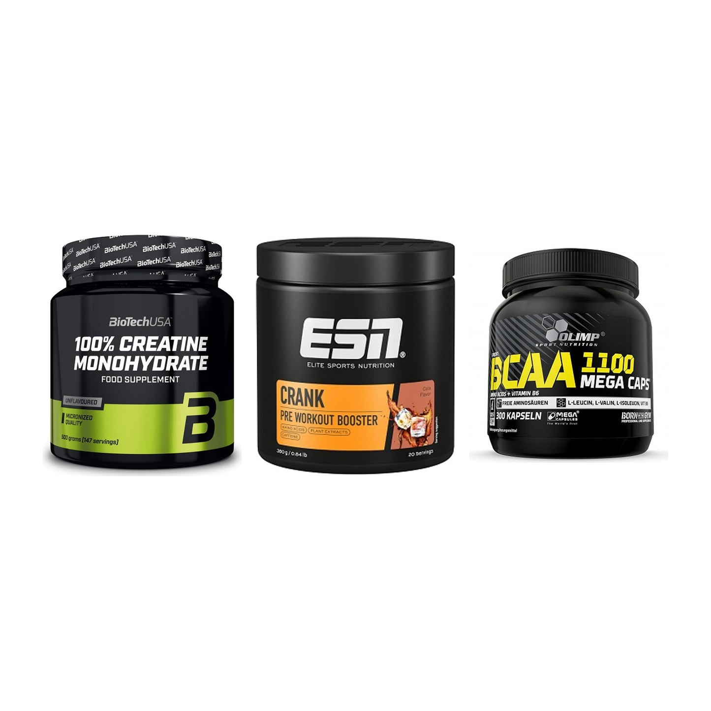 Kraft-Stack: BioTech Creatine + ESN Crank Booster + Olimp BCAA Mega – alle enthaltenen Artikel