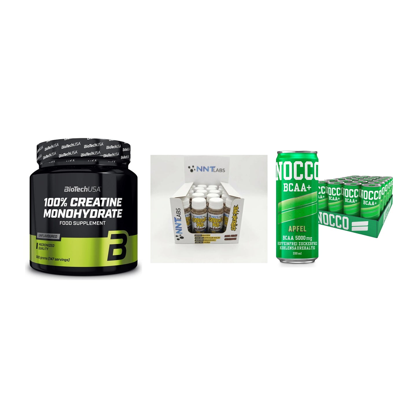 Kraft-Stack: BioTech Creatine + NNT Extreme + Nocco BCAA Drink – alle enthaltenen Artikel