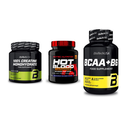 Kraft-Stack: BioTech Creatine + Scitec Hot Blood + BioTech BCAA+B6 – alle enthaltenen Artikel