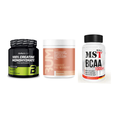 Kraft-Stack: BioTech Creatine + RAW Nutrition + MST BCAA 1000 (90 – alle enthaltenen Artikel
