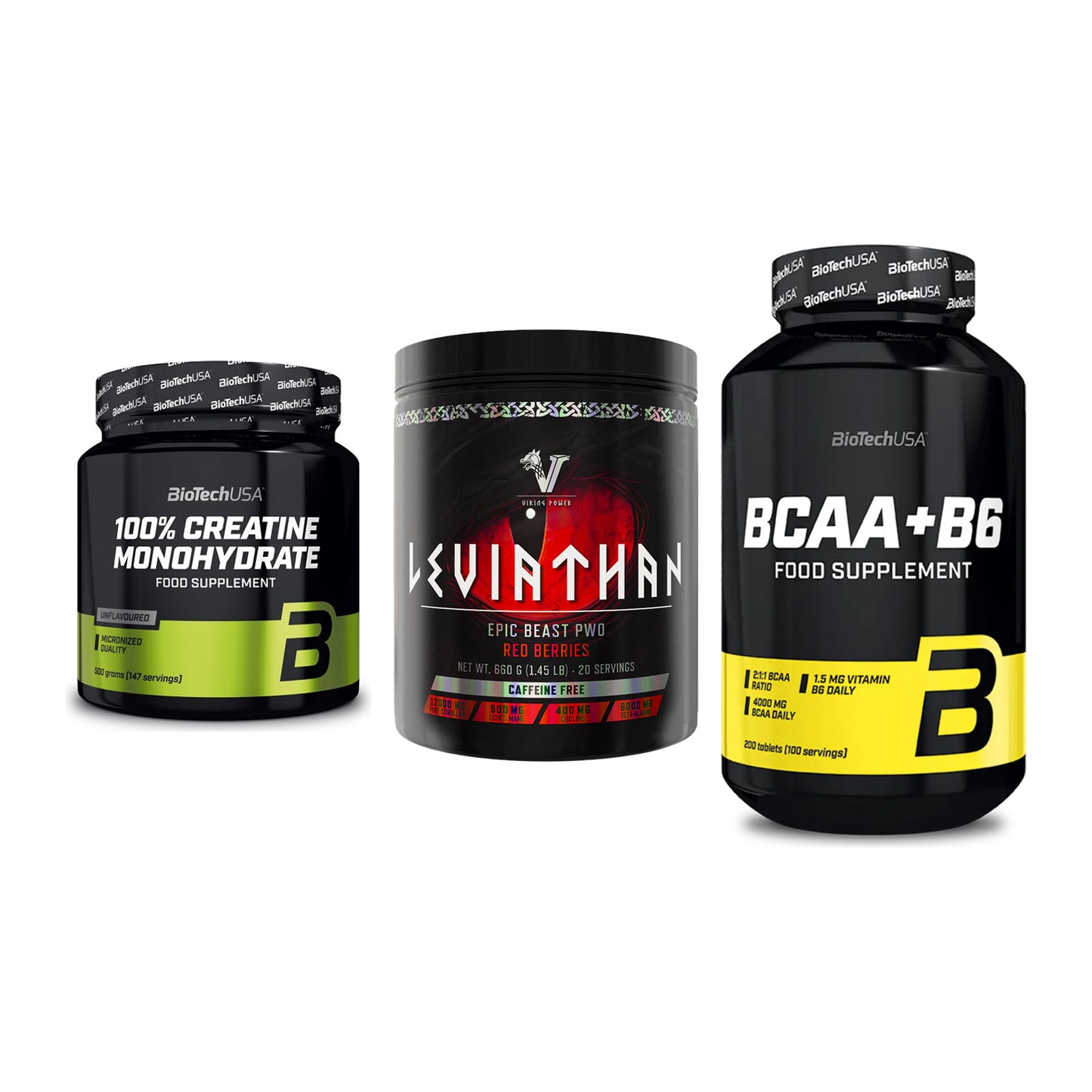 Kraft-Stack: BioTech Creatine + Viking Power + BioTech BCAA+B6 – alle enthaltenen Artikel