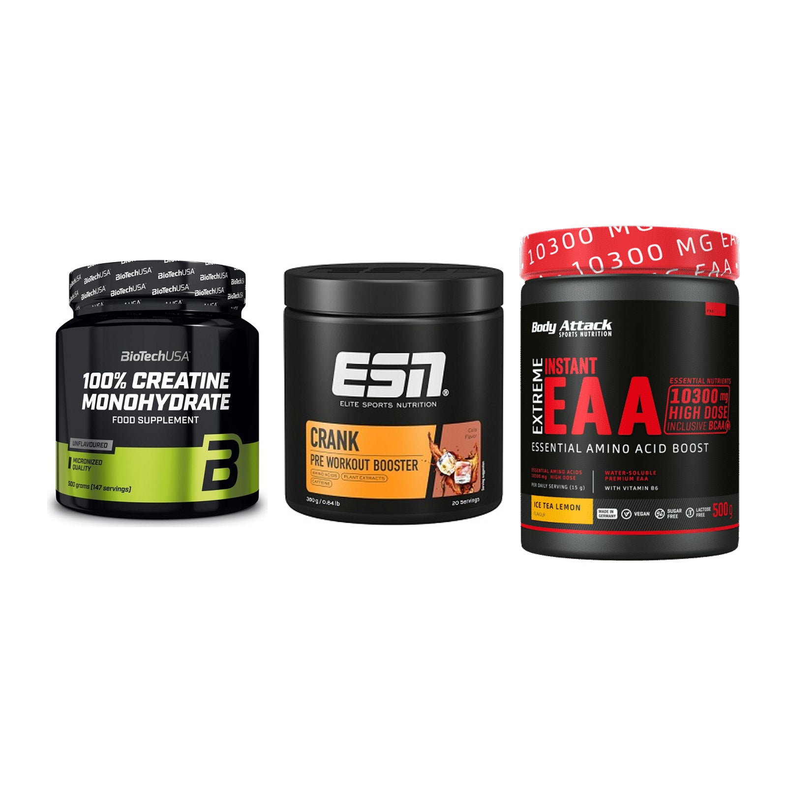 Kraft-Stack: BioTech Creatine + ESN Crank Booster + Body Attack – alle enthaltenen Artikel