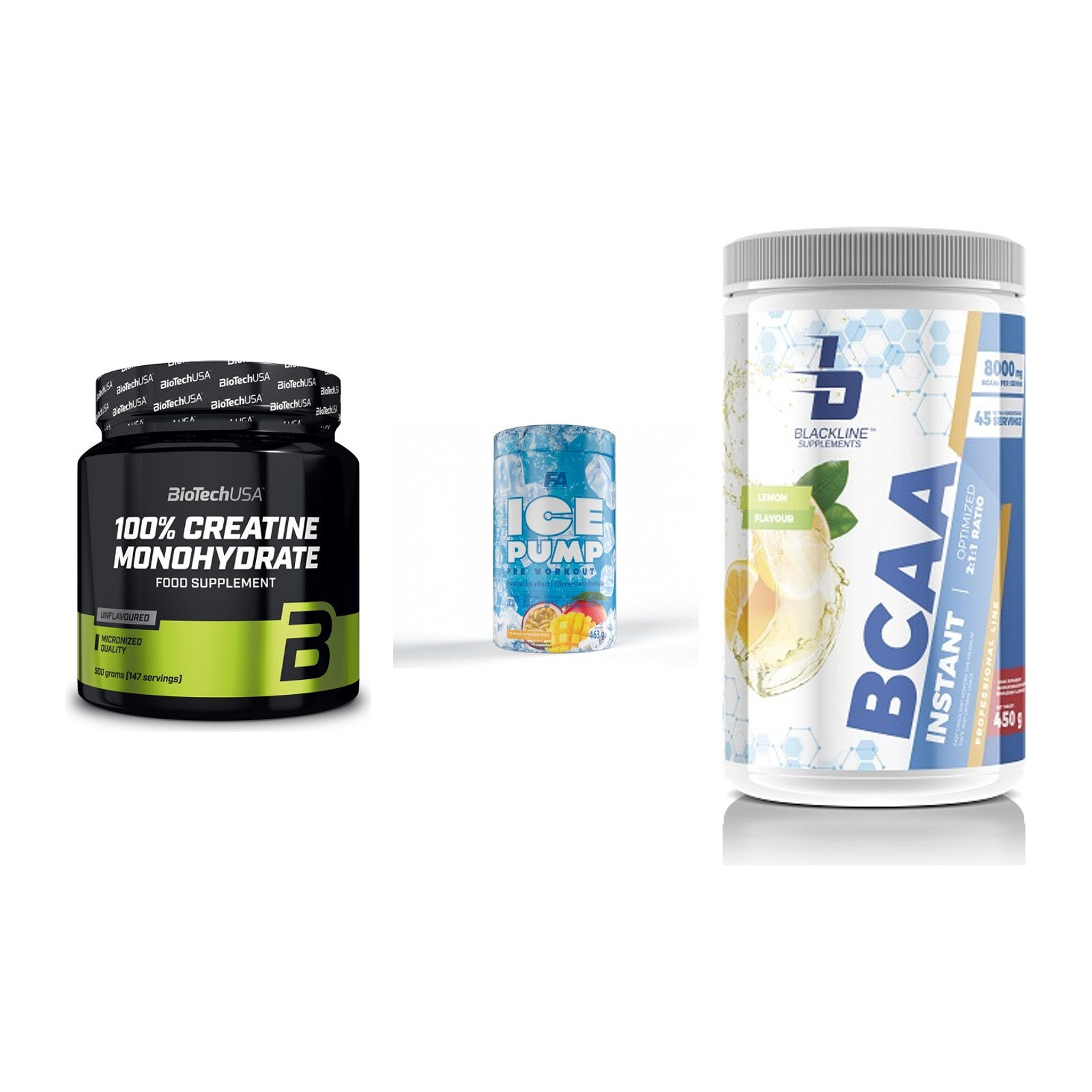 Kraft-Stack: BioTech Creatine + FA Nutrition ICE + Blackline – alle enthaltenen Artikel