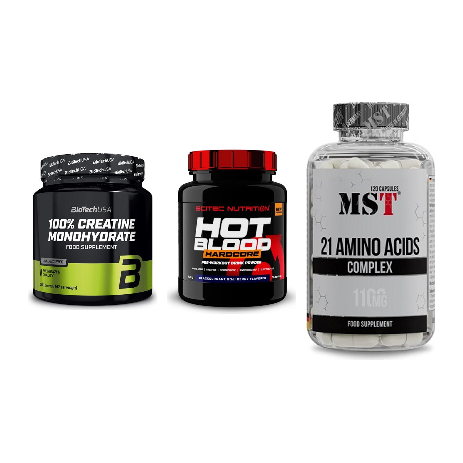 Kraft-Stack: BioTech Creatine + Scitec Hot Blood + MST 21 Amino – alle enthaltenen Artikel