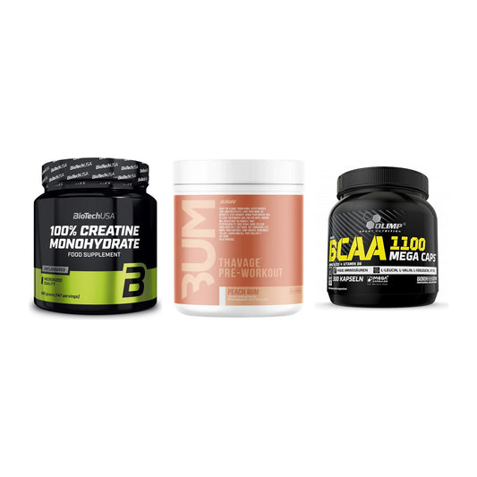Kraft-Stack: BioTech Creatine + RAW Nutrition + Olimp BCAA Mega – alle enthaltenen Artikel