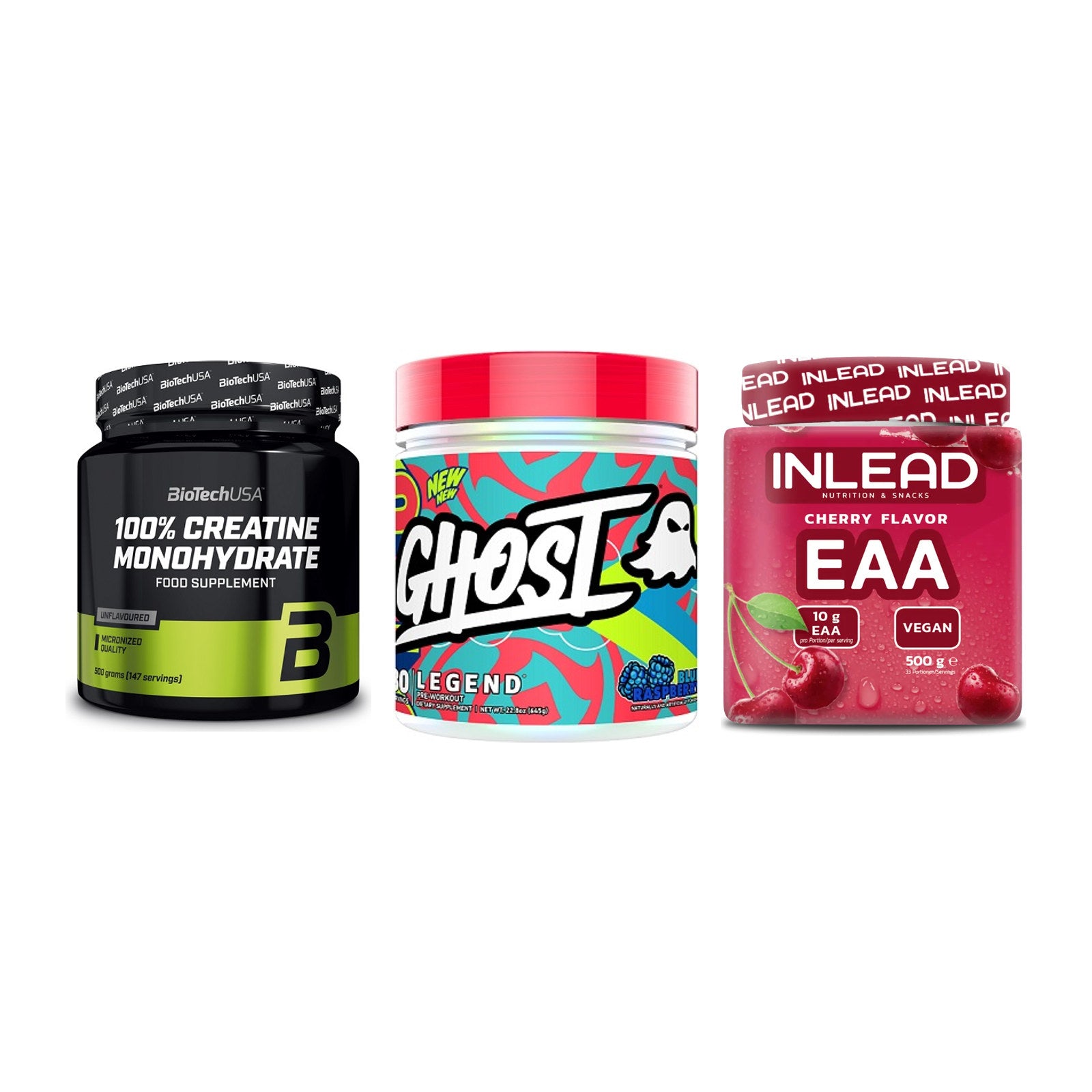 Kraft-Stack: BioTech Creatine + Ghost Legend V4 + INLEAD EAA – alle enthaltenen Artikel