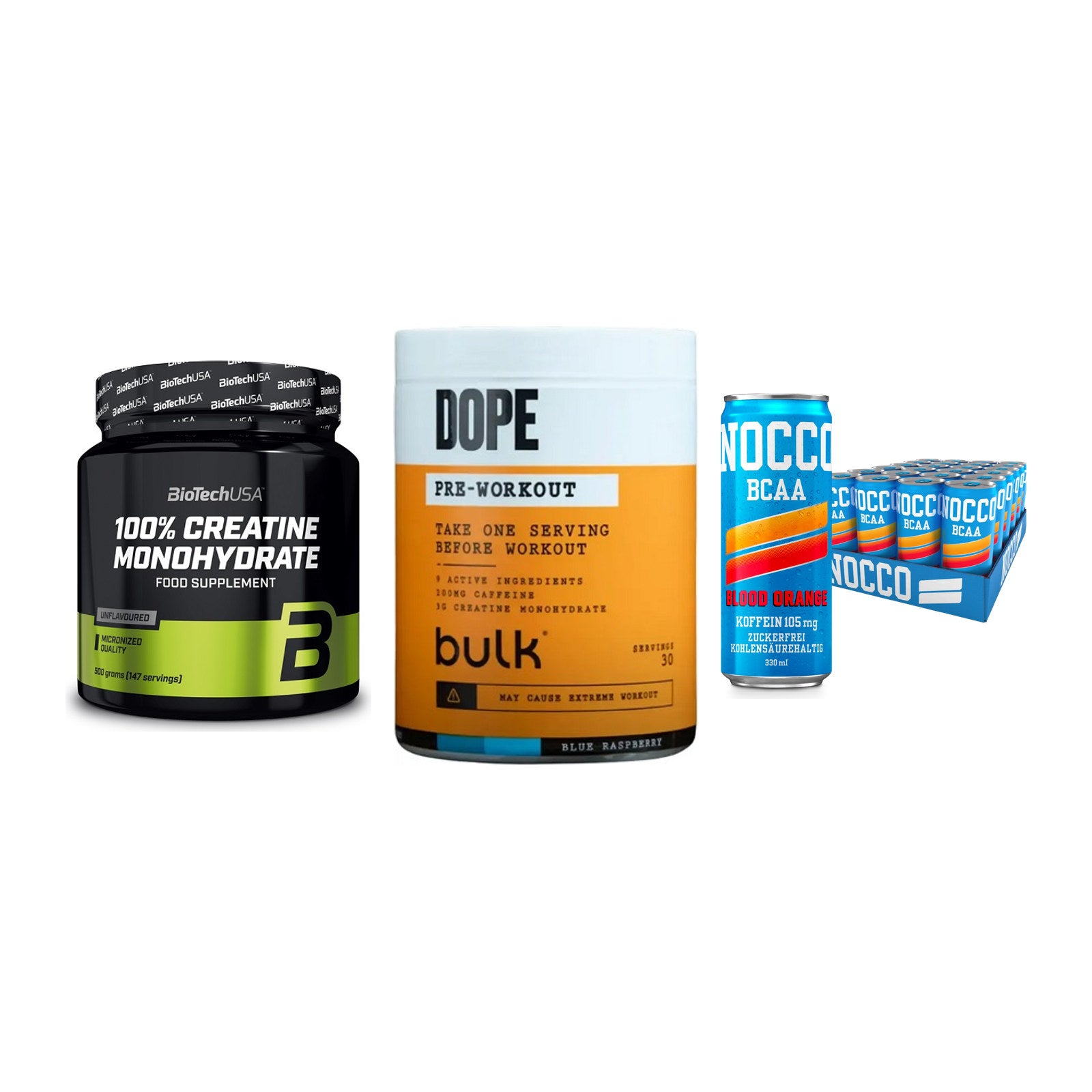 Kraft-Stack: BioTech Creatine + Bulk Dope + Nocco BCAA Drink – alle enthaltenen Artikel