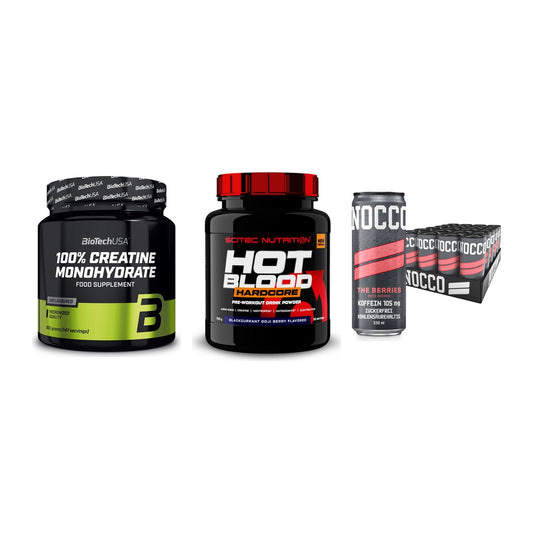Kraft-Stack: BioTech Creatine + Scitec Hot Blood + Nocco BCAA Drink – alle enthaltenen Artikel