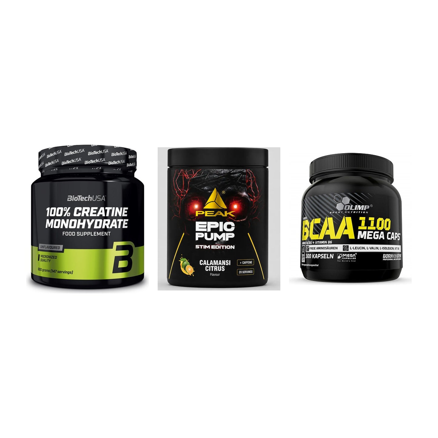 Kraft-Stack: BioTech Creatine + Peak Epic Pump + Olimp BCAA Mega – alle enthaltenen Artikel