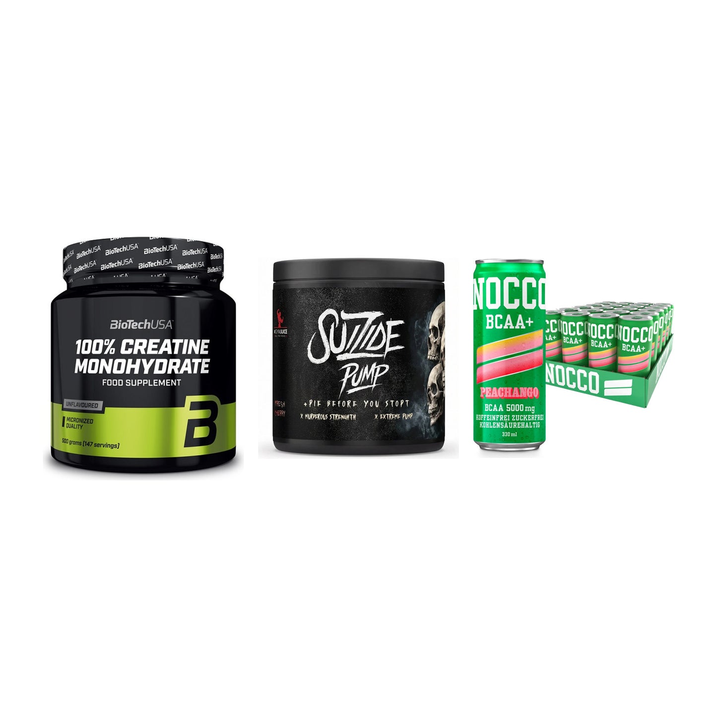 Kraft-Stack: BioTech Creatine + #GYMJUICE SUIZIDE + Nocco BCAA Drink – alle enthaltenen Artikel