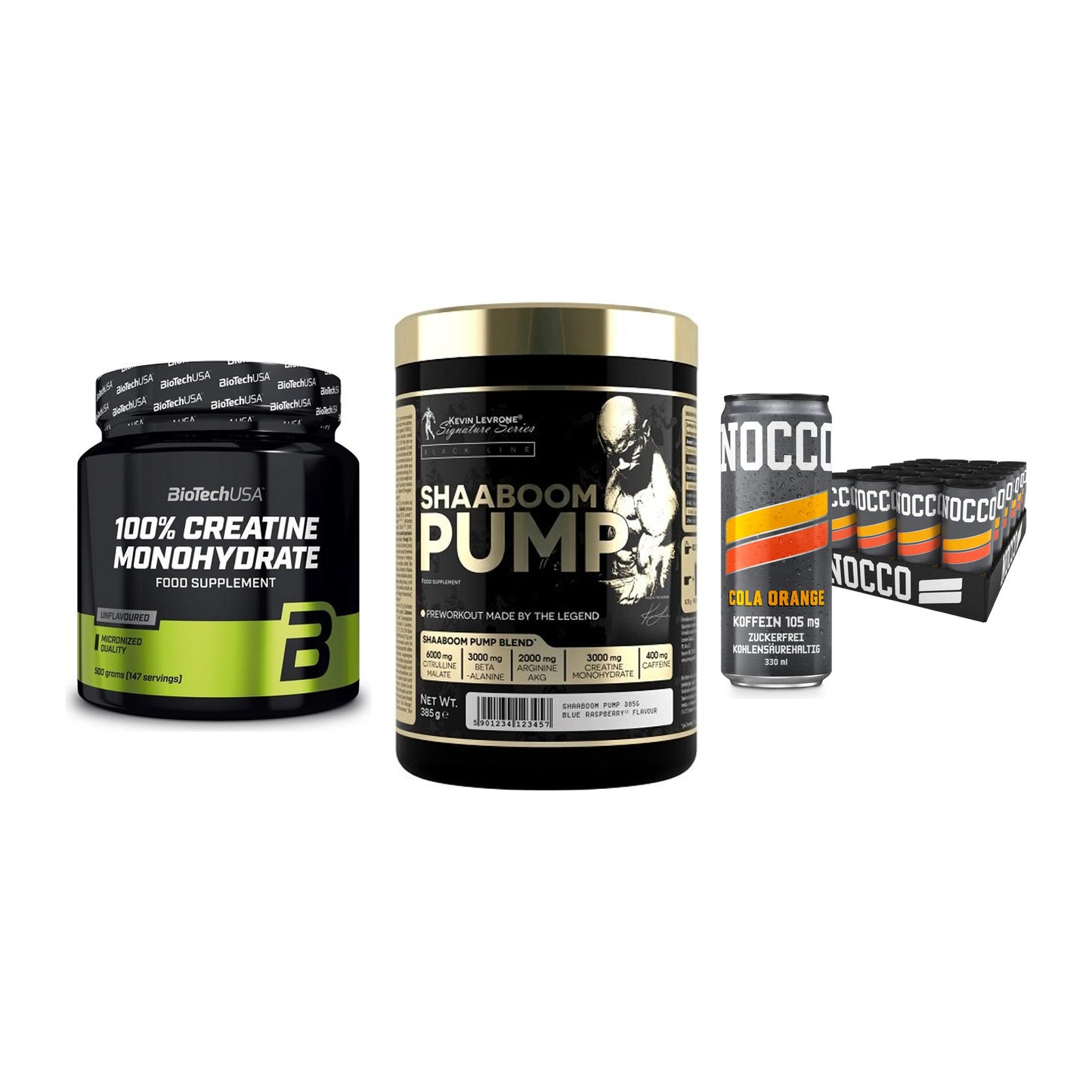 Kraft-Stack: BioTech Creatine + Kevin Levrone + Nocco BCAA Drink – alle enthaltenen Artikel