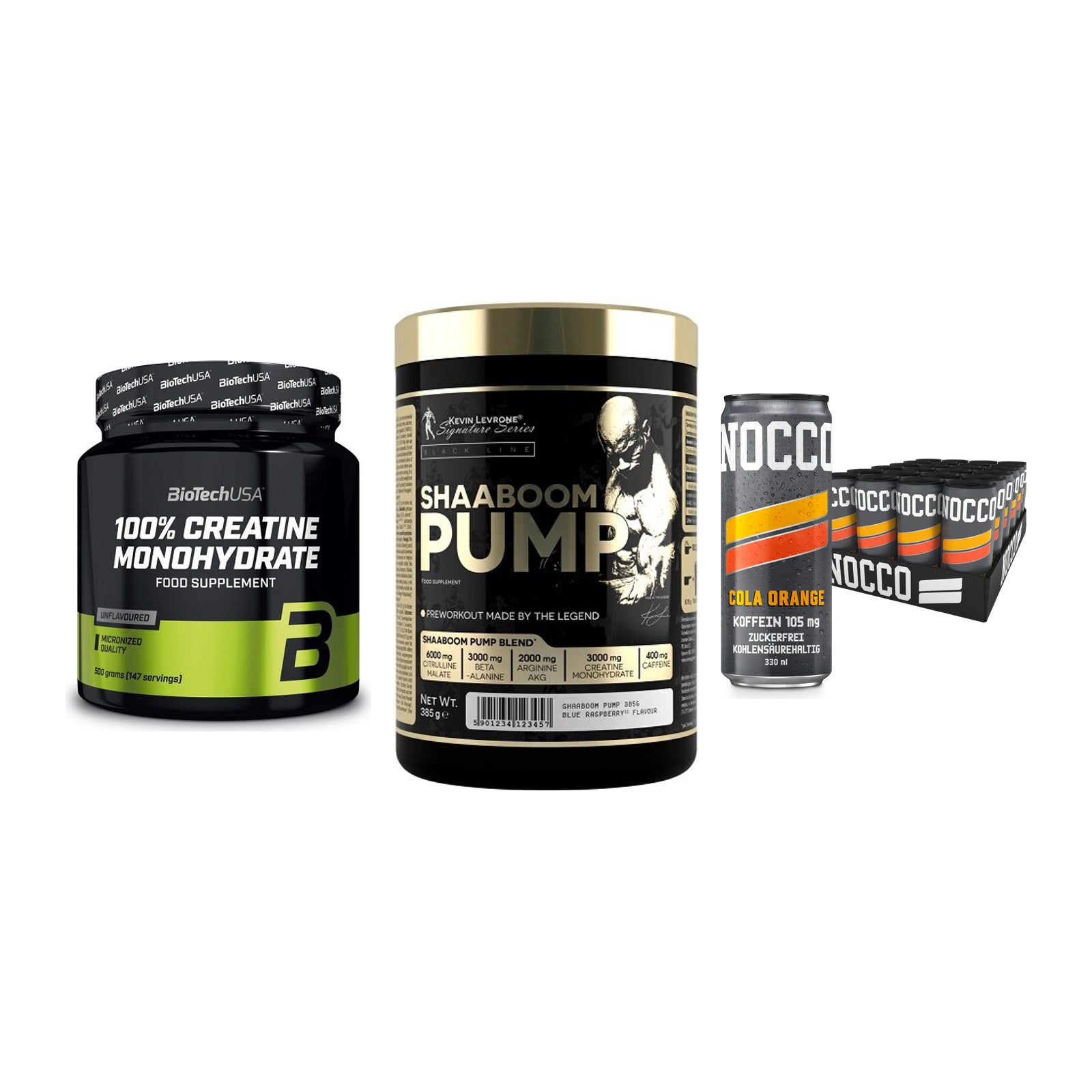 Kraft-Stack: BioTech Creatine + Kevin Levrone + Nocco BCAA Drink – alle enthaltenen Artikel