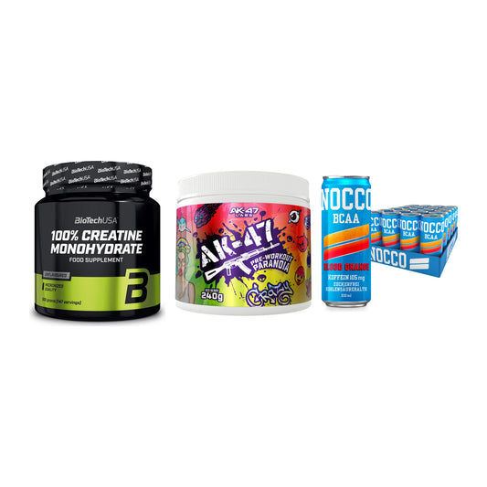 Kraft-Stack: BioTech Creatine + AK47 Labs + Nocco BCAA Drink – alle enthaltenen Artikel