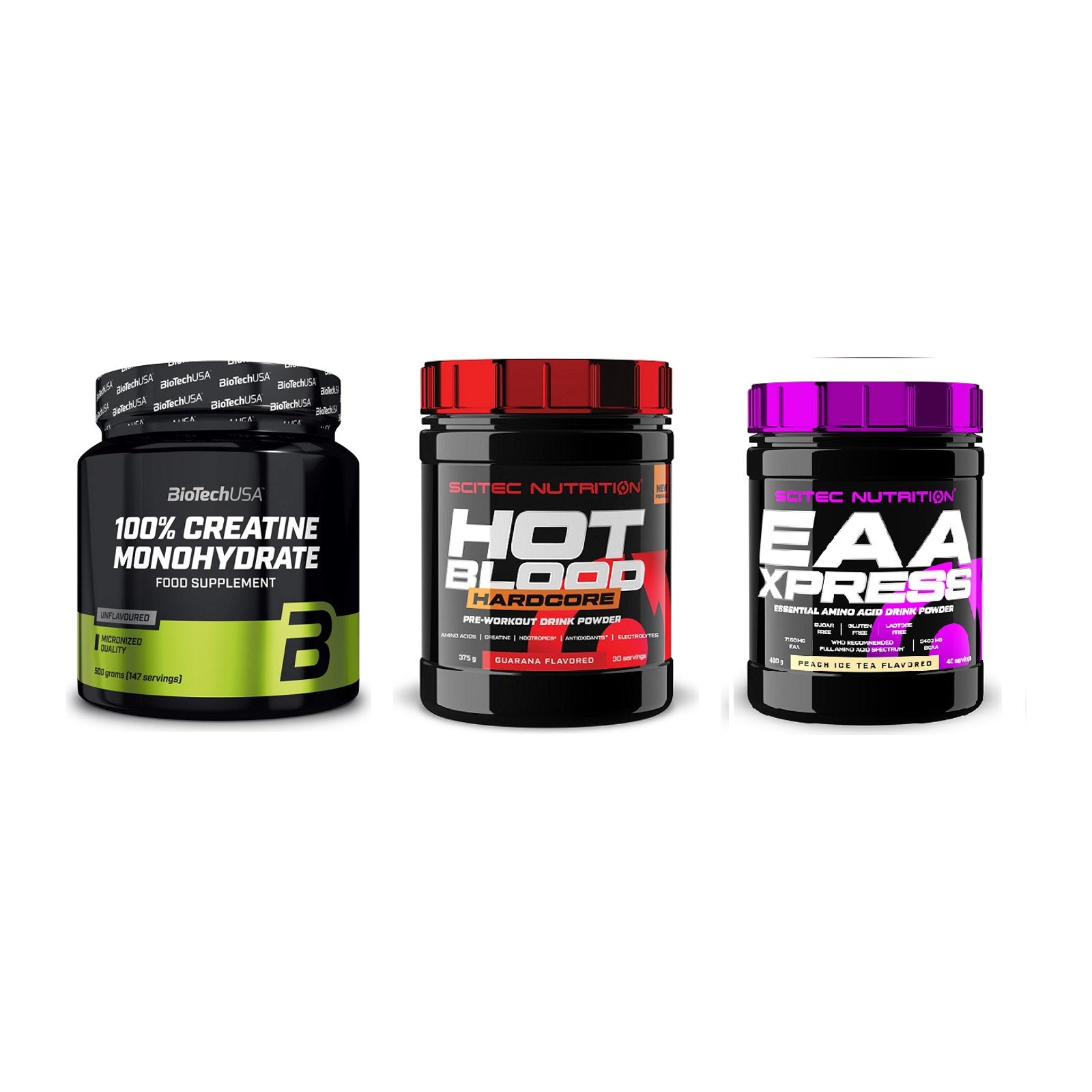 Kraft-Stack: BioTech Creatine + Scitec Hot Blood + Scitec EAA Xpress – alle enthaltenen Artikel