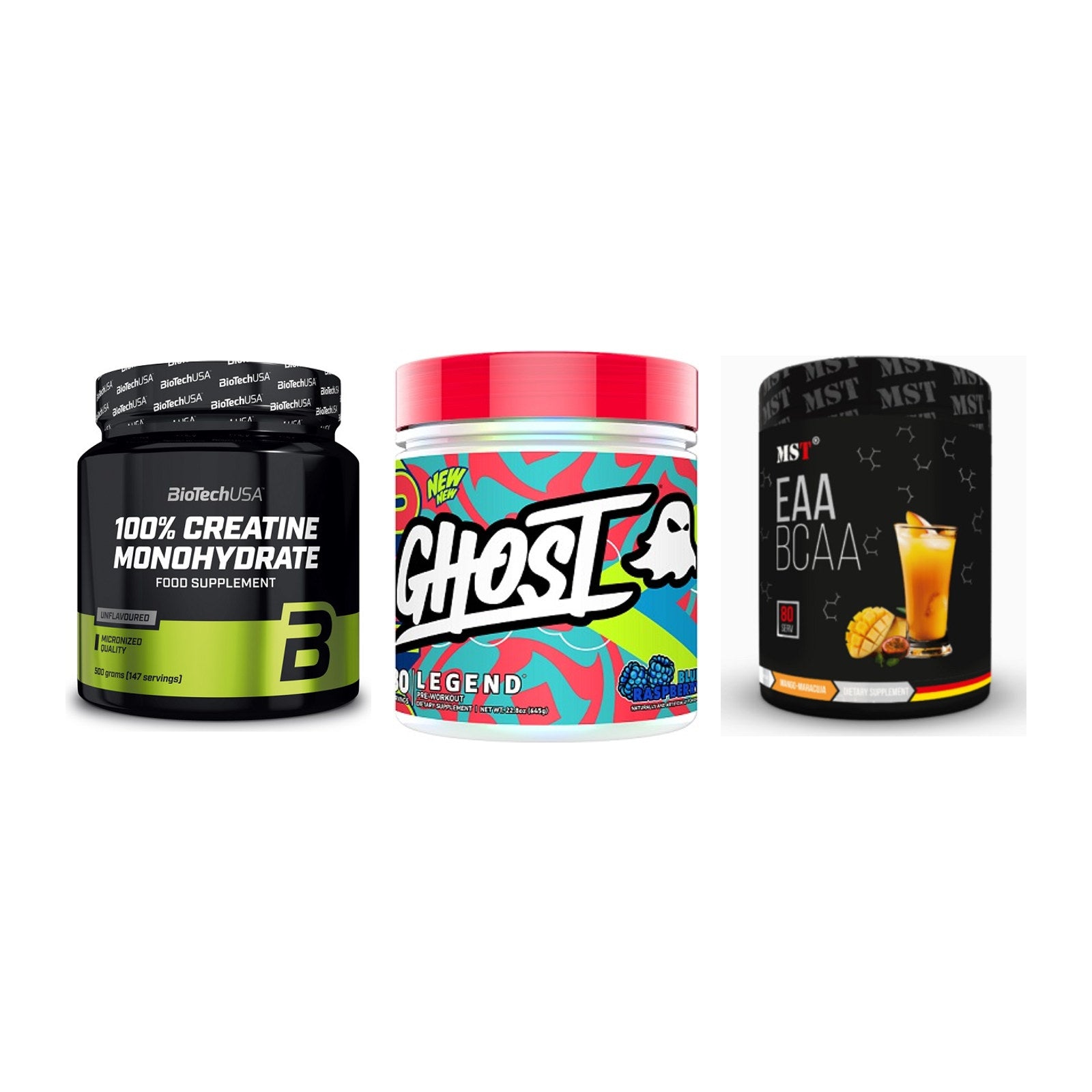 Kraft-Stack: BioTech Creatine + Ghost Legend V4 + MST EAA & BCAA – alle enthaltenen Artikel
