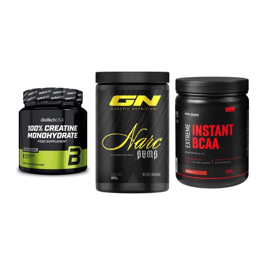 Kraft-Stack: BioTech Creatine + GN Narc Pump + Body Attack – alle enthaltenen Artikel