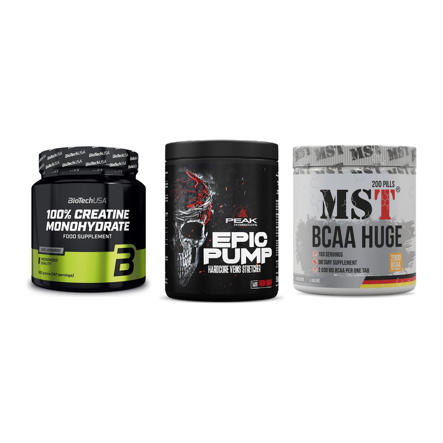 Kraft-Stack: BioTech Creatine + Peak EPIC Pump + MST BCAA Huge 200 – alle enthaltenen Artikel