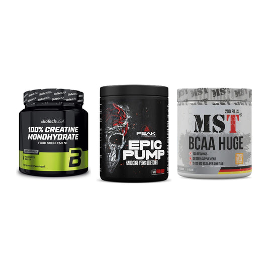 Kraft-Stack: BioTech Creatine + Peak EPIC Pump + MST BCAA Huge 200 – alle enthaltenen Artikel