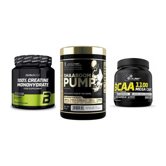 Kraft-Stack: BioTech Creatine + Kevin Levrone + Olimp BCAA Mega – alle enthaltenen Artikel