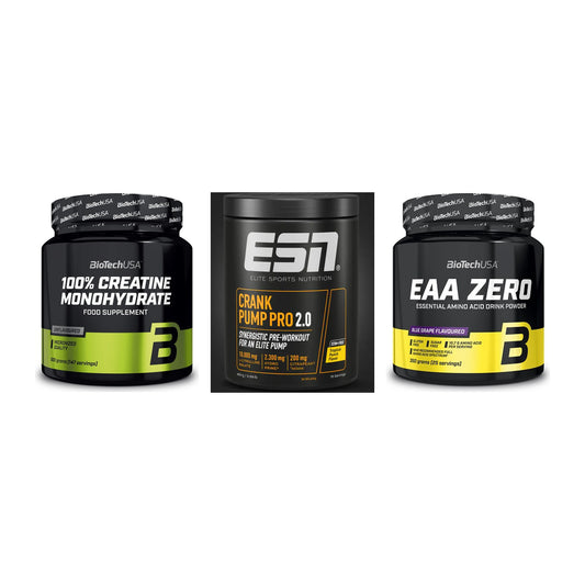 Kraft-Stack: BioTech Creatine + ESN Crank Pump + BioTech EAA Zero – alle enthaltenen Artikel