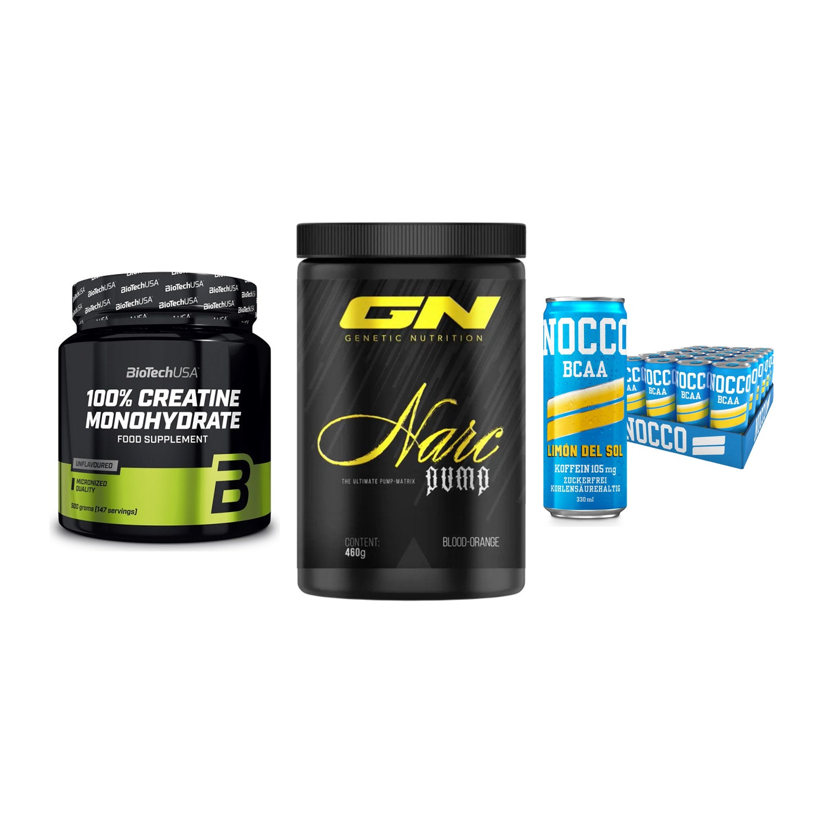 Kraft-Stack: BioTech Creatine + GN Narc Pump + Nocco BCAA Drink – alle enthaltenen Artikel